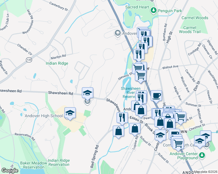 map of restaurants, bars, coffee shops, grocery stores, and more near 77 Stevens Street in Andover
