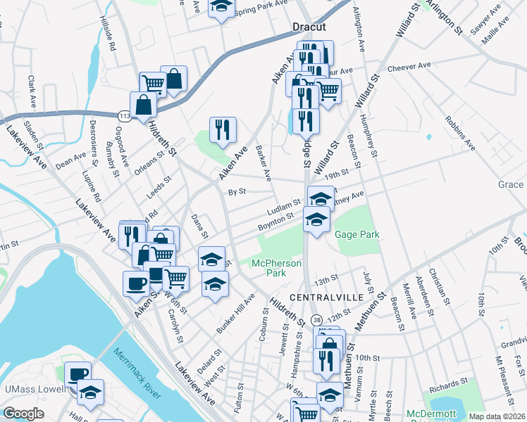 map of restaurants, bars, coffee shops, grocery stores, and more near 55 Eustis Avenue in Lowell