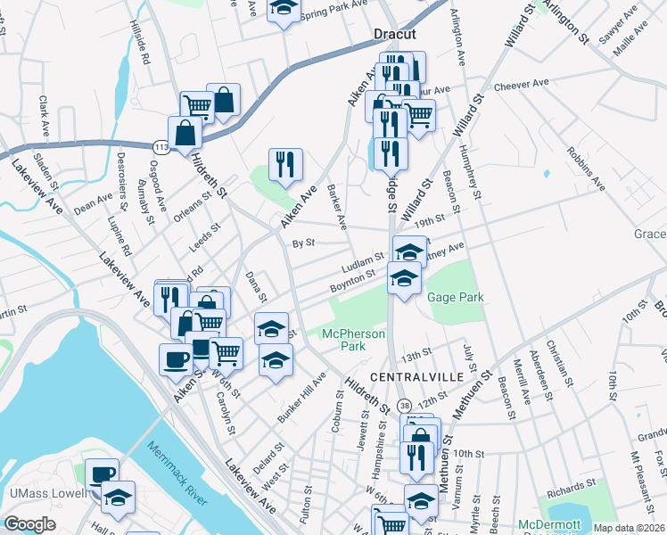 map of restaurants, bars, coffee shops, grocery stores, and more near 93 Boynton Street in Lowell