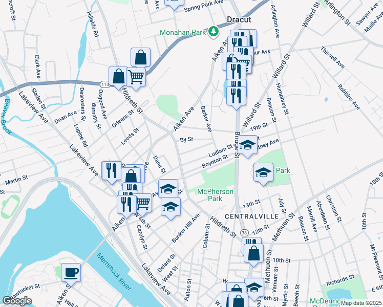 map of restaurants, bars, coffee shops, grocery stores, and more near 93 Boynton Street in Lowell