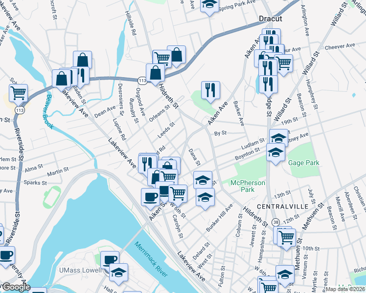 map of restaurants, bars, coffee shops, grocery stores, and more near 120 Aiken Avenue in Lowell