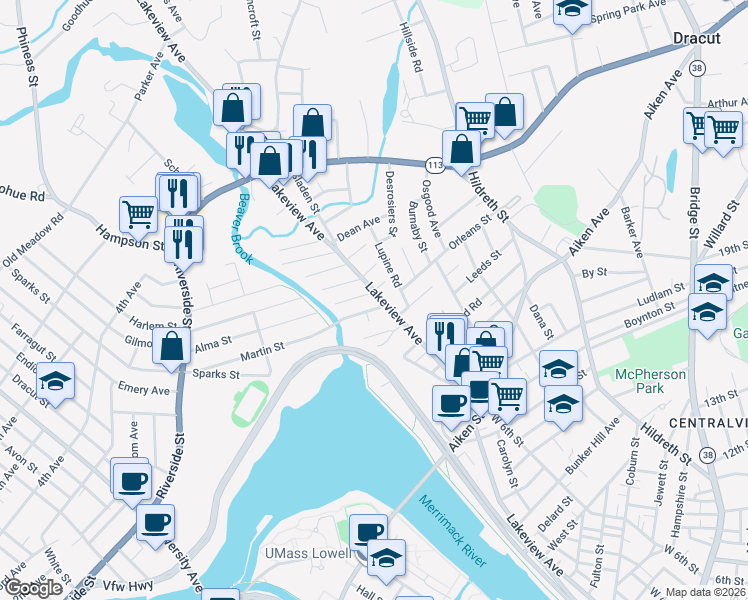 map of restaurants, bars, coffee shops, grocery stores, and more near 30 Beaver Street in Lowell