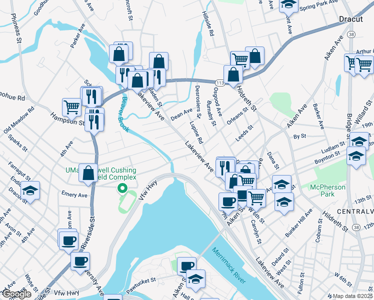 map of restaurants, bars, coffee shops, grocery stores, and more near 30 Beaver Street in Lowell