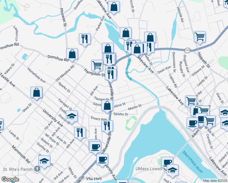 map of restaurants, bars, coffee shops, grocery stores, and more near 429 Riverside Street in Lowell