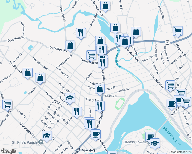 map of restaurants, bars, coffee shops, grocery stores, and more near 35 Harlem Street in Lowell
