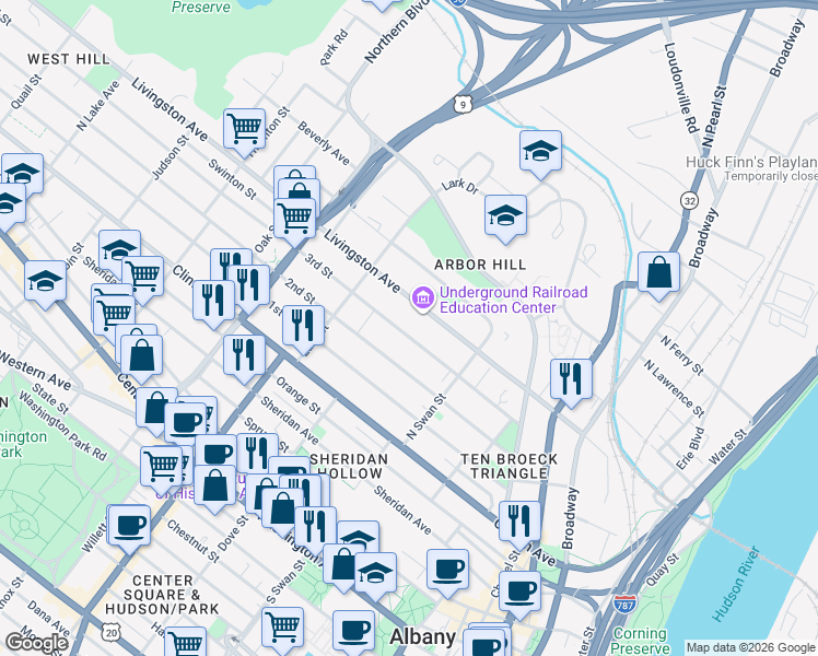 map of restaurants, bars, coffee shops, grocery stores, and more near 88 3rd Street in Albany