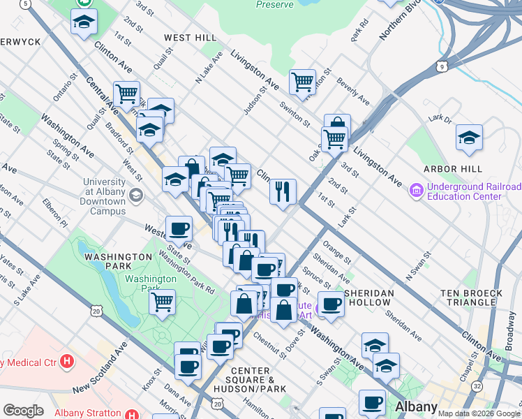 map of restaurants, bars, coffee shops, grocery stores, and more near 316 Sheridan Avenue in Albany