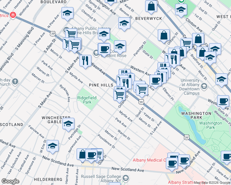 map of restaurants, bars, coffee shops, grocery stores, and more near 497 Morris Street in Albany