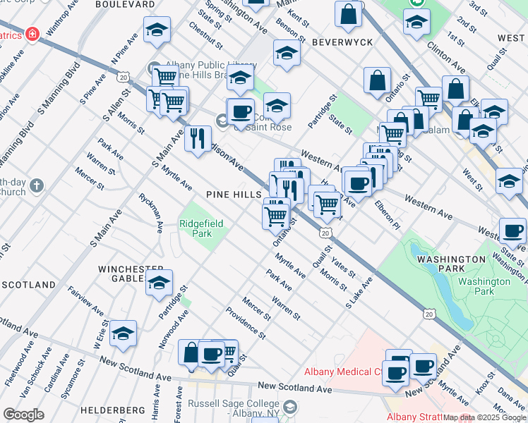 map of restaurants, bars, coffee shops, grocery stores, and more near 497 Morris Street in Albany