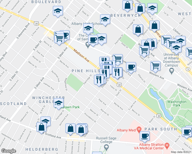 map of restaurants, bars, coffee shops, grocery stores, and more near 689 Myrtle Avenue in Albany