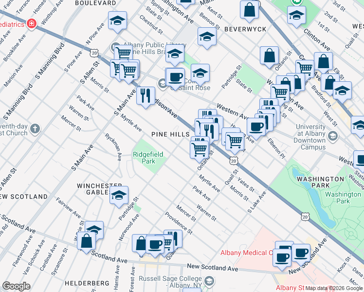 map of restaurants, bars, coffee shops, grocery stores, and more near in Albany