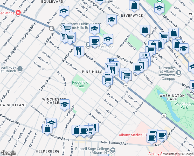 map of restaurants, bars, coffee shops, grocery stores, and more near in Albany