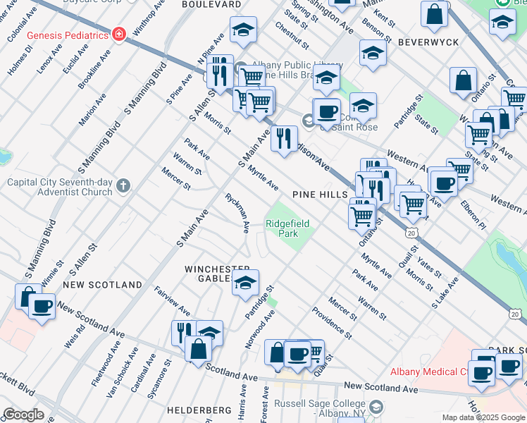 map of restaurants, bars, coffee shops, grocery stores, and more near 2 Peyster Street in Albany