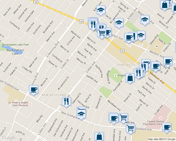 map of restaurants, bars, coffee shops, grocery stores, and more near 241 Hansen Avenue in Albany