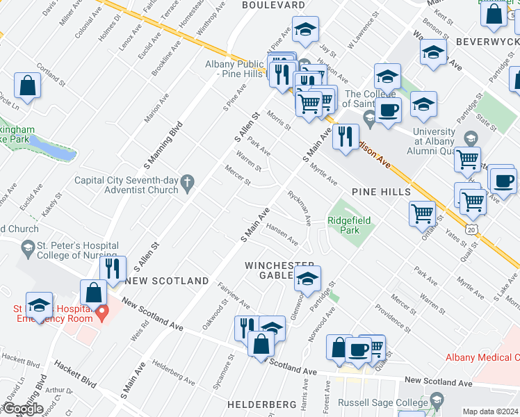 map of restaurants, bars, coffee shops, grocery stores, and more near in Albany