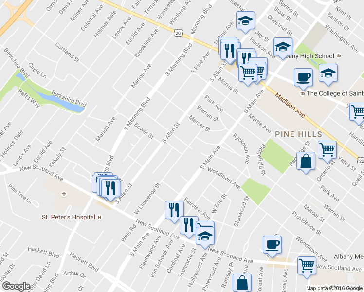 map of restaurants, bars, coffee shops, grocery stores, and more near 430 West Lawrence Street in Albany