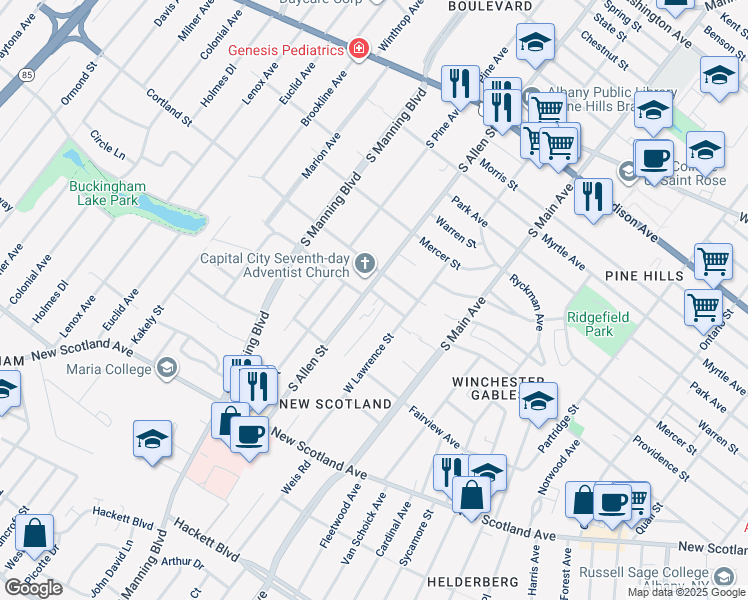 map of restaurants, bars, coffee shops, grocery stores, and more near 430 West Lawrence Street in Albany
