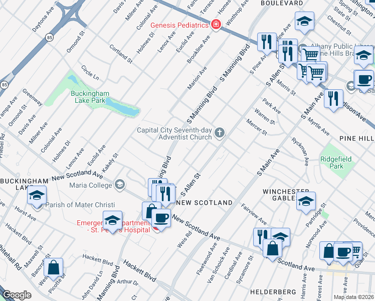map of restaurants, bars, coffee shops, grocery stores, and more near 45 Winnie Street in Albany