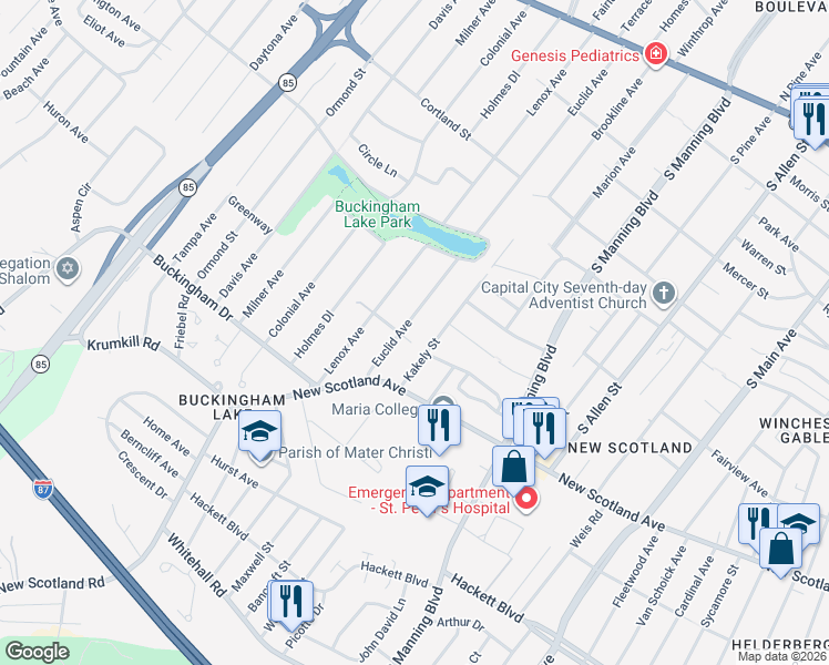 map of restaurants, bars, coffee shops, grocery stores, and more near 14 Kakely Street in Albany