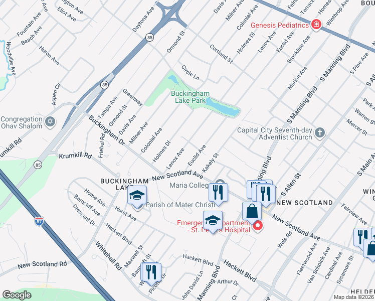 map of restaurants, bars, coffee shops, grocery stores, and more near 224 Euclid Avenue in Albany