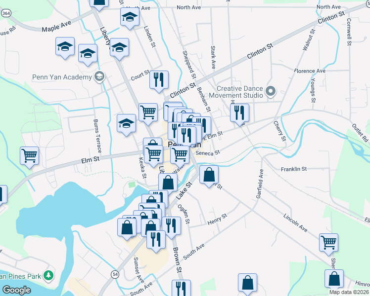 map of restaurants, bars, coffee shops, grocery stores, and more near 104 Water Street in Penn Yan