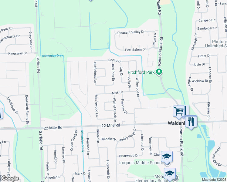 map of restaurants, bars, coffee shops, grocery stores, and more near 17554 Nick Drive in Macomb