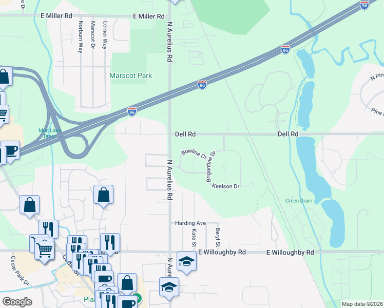 map of restaurants, bars, coffee shops, grocery stores, and more near 2685 Yachtsman Drive in Lansing