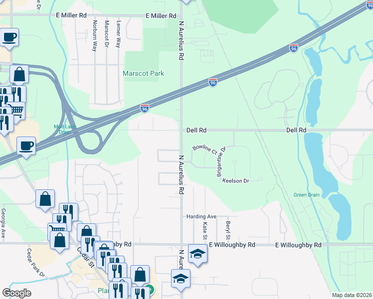 map of restaurants, bars, coffee shops, grocery stores, and more near 1941 Remsing Drive in Lansing