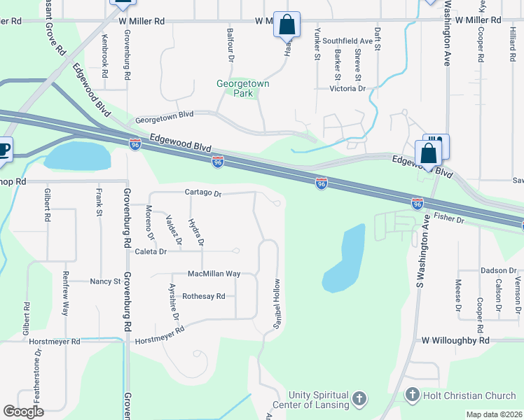 map of restaurants, bars, coffee shops, grocery stores, and more near 2683 Little Hickory Drive in Lansing