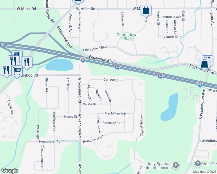 map of restaurants, bars, coffee shops, grocery stores, and more near 2691 Hydra Drive in Lansing