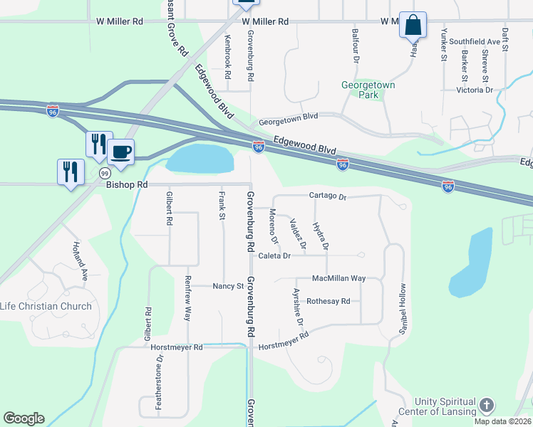 map of restaurants, bars, coffee shops, grocery stores, and more near 2688 Grovenburg Road in Lansing