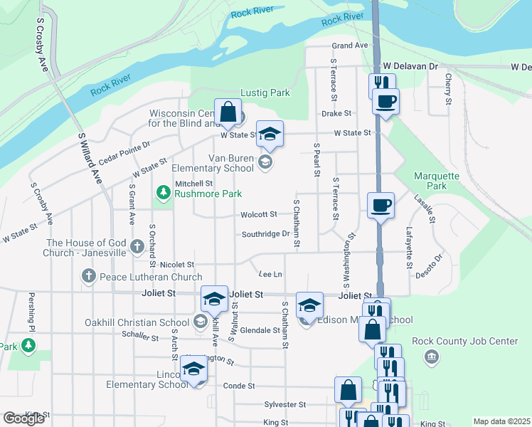 map of restaurants, bars, coffee shops, grocery stores, and more near 1524 Southridge Drive in Janesville