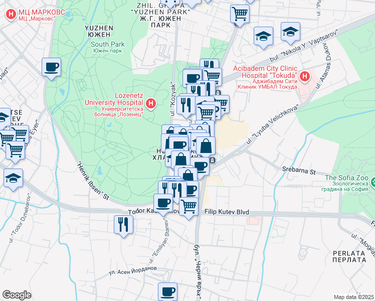map of restaurants, bars, coffee shops, grocery stores, and more near 27 ulitsa "Banat" in Sofia