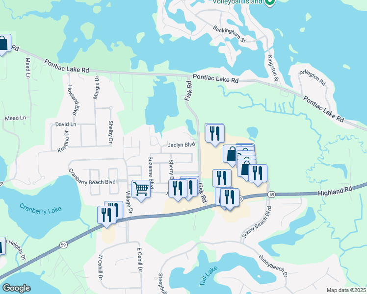 map of restaurants, bars, coffee shops, grocery stores, and more near 277 Jaclyn Boulevard in White Lake charter Township