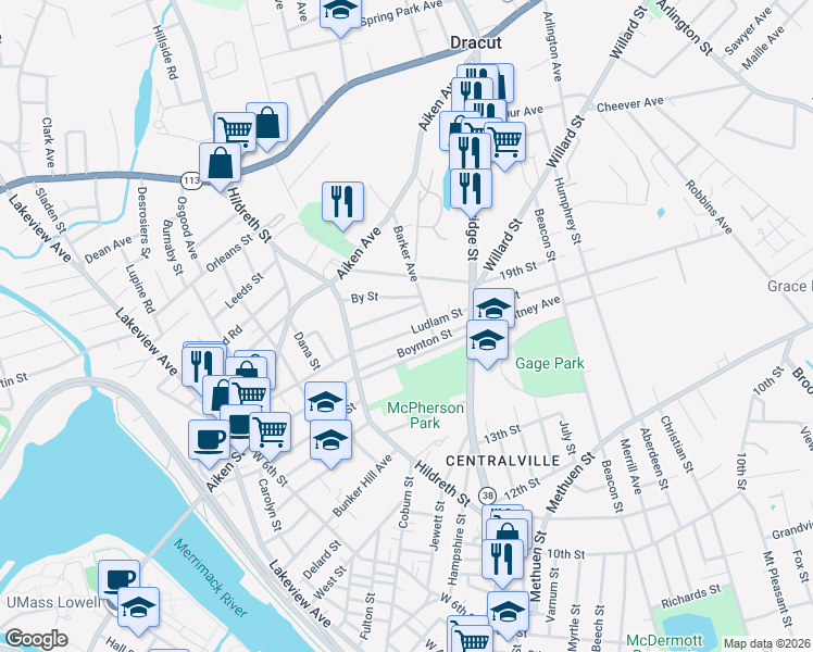 map of restaurants, bars, coffee shops, grocery stores, and more near 55 Eustis Avenue in Lowell