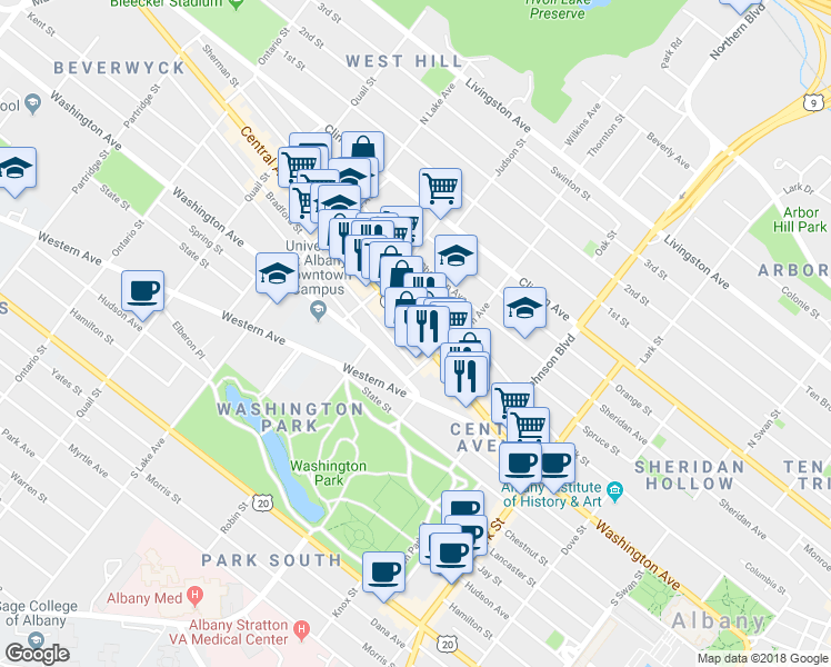 map of restaurants, bars, coffee shops, grocery stores, and more near 136 Central Avenue in Albany