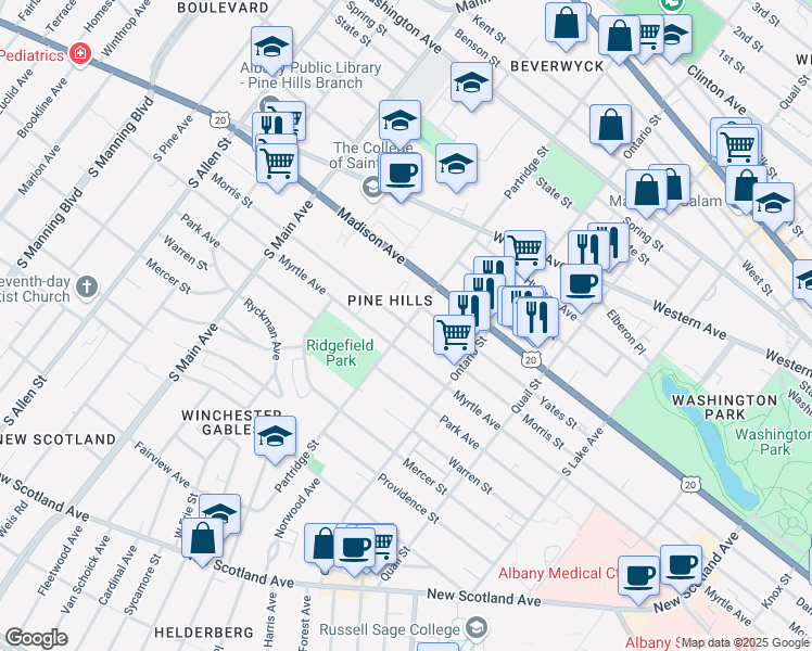 map of restaurants, bars, coffee shops, grocery stores, and more near Morris Street & Partridge Street in Albany