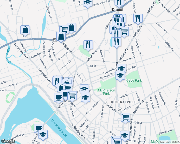 map of restaurants, bars, coffee shops, grocery stores, and more near 307 Hildreth Street in Lowell