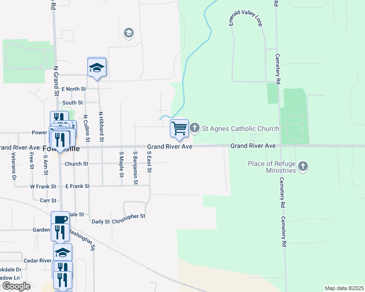 map of restaurants, bars, coffee shops, grocery stores, and more near 830 East Grand River Avenue in Fowlerville