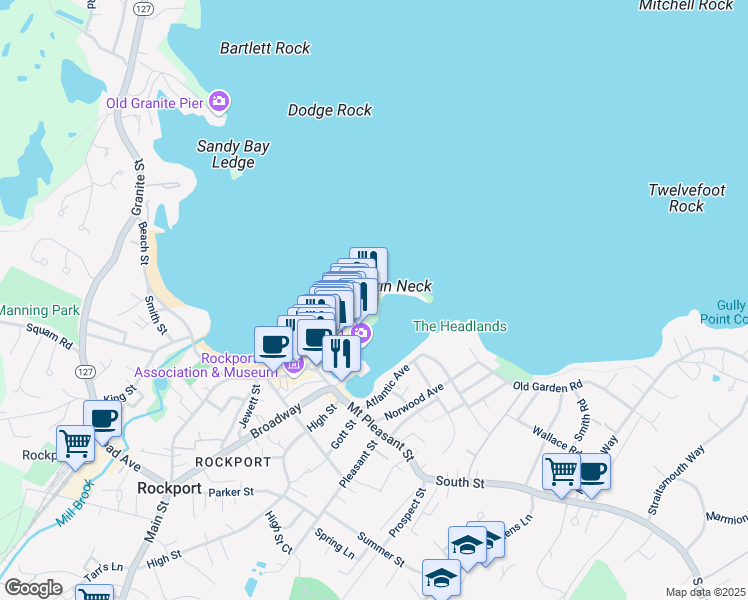 map of restaurants, bars, coffee shops, grocery stores, and more near 70 Bearskin Neck in Rockport