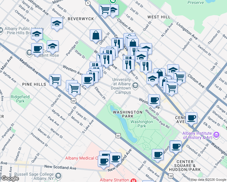 map of restaurants, bars, coffee shops, grocery stores, and more near 11 South Lake Avenue in Albany