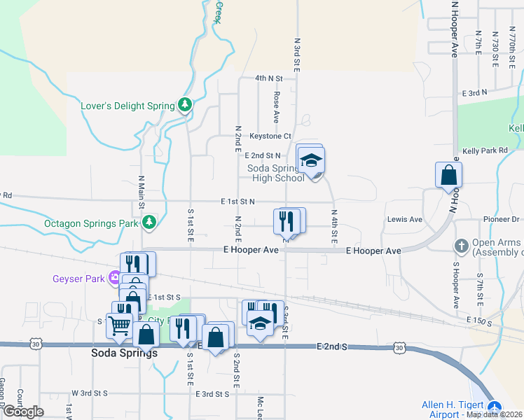 map of restaurants, bars, coffee shops, grocery stores, and more near 260 East 1st Street North in Soda Springs