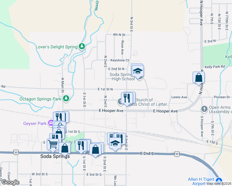 map of restaurants, bars, coffee shops, grocery stores, and more near 260 East 1st Street North in Soda Springs