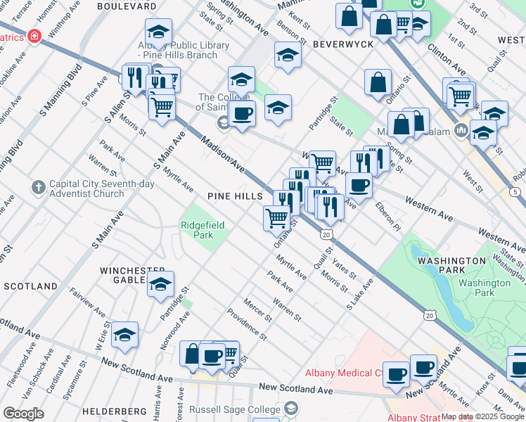 map of restaurants, bars, coffee shops, grocery stores, and more near 522 Yates Street in Albany