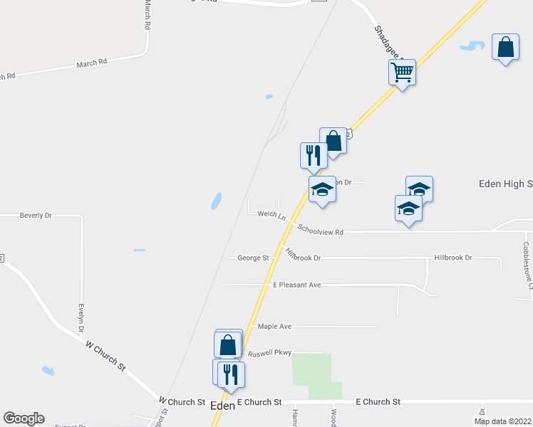 map of restaurants, bars, coffee shops, grocery stores, and more near 2854 Welch Lane in Eden