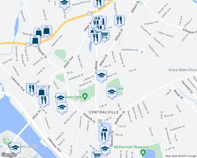 map of restaurants, bars, coffee shops, grocery stores, and more near 26 18th Street in Lowell