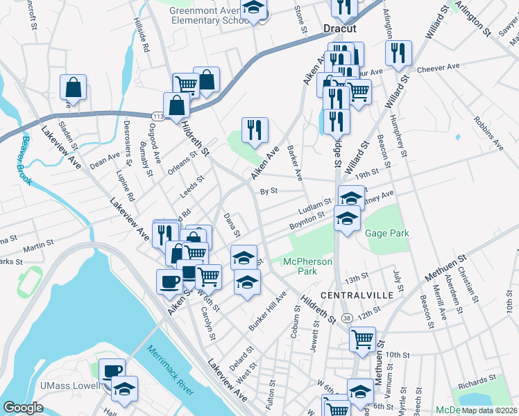 map of restaurants, bars, coffee shops, grocery stores, and more near 307 Hildreth Street in Lowell