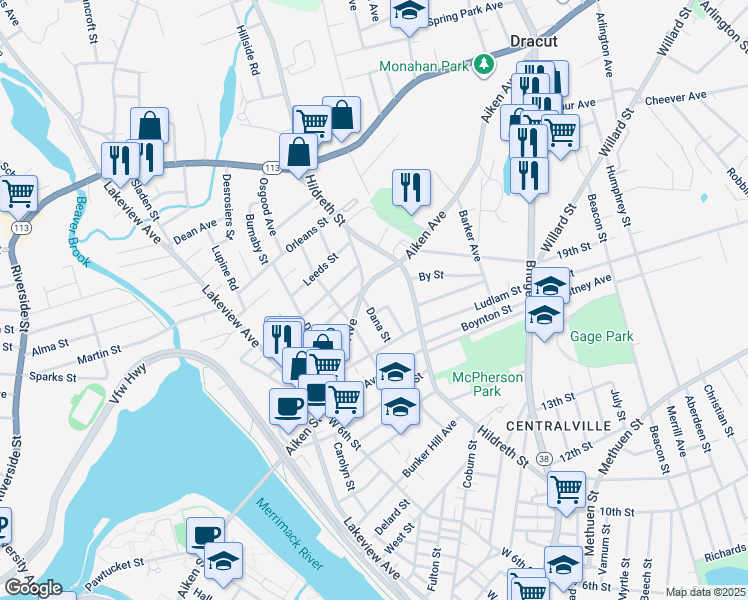 map of restaurants, bars, coffee shops, grocery stores, and more near 186 Aiken Avenue in Lowell