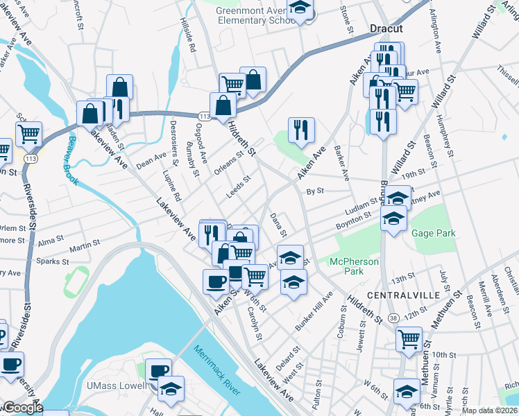 map of restaurants, bars, coffee shops, grocery stores, and more near 126 Farmland Road in Lowell