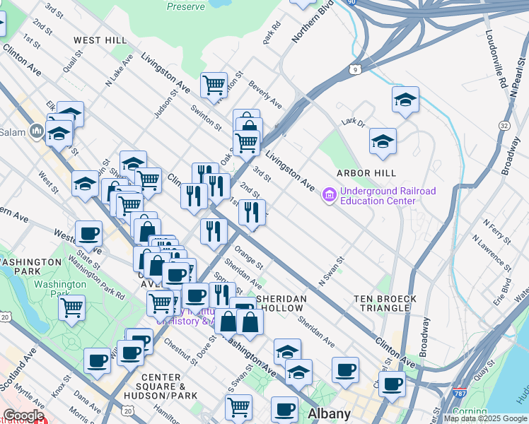 map of restaurants, bars, coffee shops, grocery stores, and more near 55 Lark Street in Albany